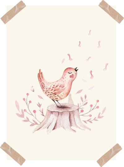 Poster aquarel fluitend vogeltje-Kinderkamer-Poster A4 formaat-Wanddecoratie-bosdieren-Kinderkameraccessoires