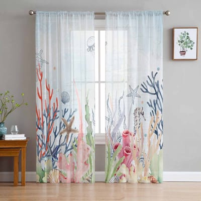 Zomer Oceaan Koraal Schelp Zeester Transparante Gordijnen voor Woonkamer Decoratie Raamgordijnen Keuken Tule Voile Organza Gordijnen W135 x H115cm x1 white