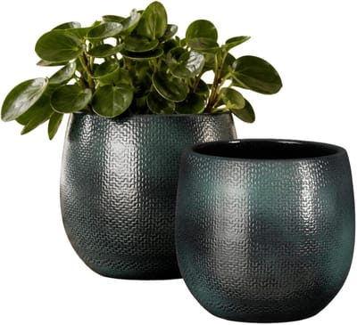Mica Decorations Plantenpot - 2x - keramiek - donkerblauw glans / ribbels - D17 x H18 cm - bloempot Porto