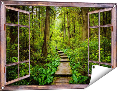 Gards Tuinposter Doorkijk Voetpad in het Bos met Groene Planten - 90x60 cm - Tuindoek - Tuindecoratie - Wanddecoratie buiten - Tuinschilderij
