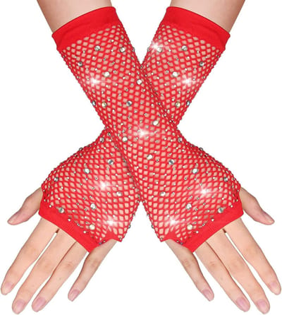 Vingerloze visnet handschoenen met rhinestones voor steampunk en punk kostuums, 80s stijl, rood, S/M