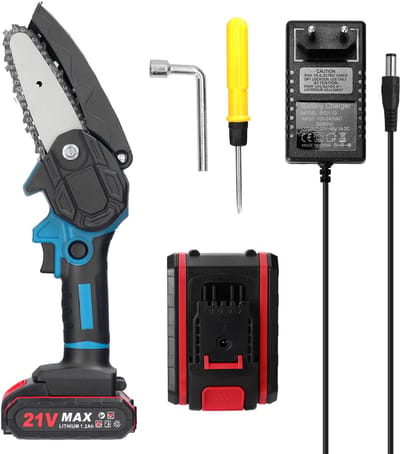 Mini Kettingzaag Elektrisch – 21V Draadloos – 10 cm – 5 m/s – 2 Batterijen Inclusief – Snoeizaag voor Takken & Hout – Tuinwerk