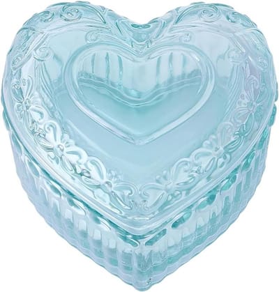 Glazen Sieradendoos - Hartvormige Doos - Sieraden Opbergen - Met Deksel - 8.5 x 9.9 x 6.8 cm - Licht Turquoise