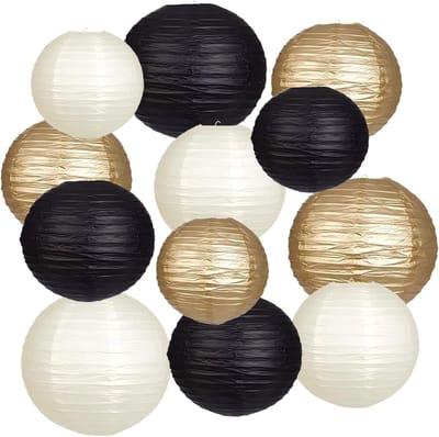 Thijox - 12 Stuks Papieren Lampions Zwart-Goud - Ronde Papieren Lantaarns voor Communie, Doop, Bruiloft, Verjaardag, Feestdecoratie