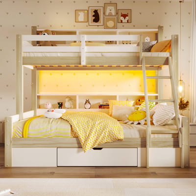 HAUSS SPOLE Stapelbed 90x200 cm en 140x200 cm - Met LED, Opbergruimte en Ladder - Zonder Matras - Grenenhout - Wit Naturel