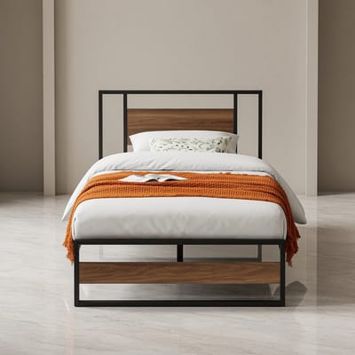 Valdoro Modern Metalen Bedframe 90x200 cm met Houtlook Hoofdbord – Zwart en Walnoot Eenpersoonsbed met Lattenbodem – Stevig Stalen Bedframe in Industriële Stijl – Mobili Bella