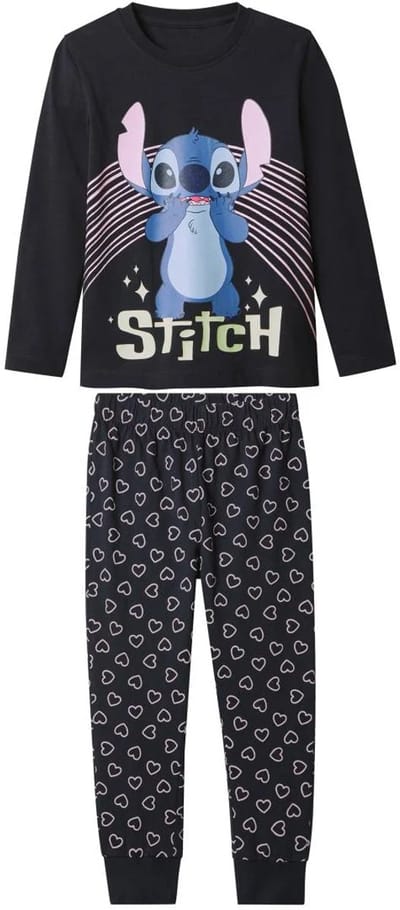 Kinder pyjama Disney Stitch - 98/104 - marineblauw - 100% katoen - Met glow-in-the-dark print op het shirt - Broek met elastische tailleband en boorden - Stitch-motief en all-over-print - ronde hals