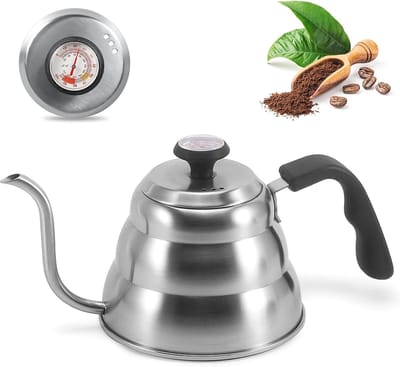 Waterkoker Zwanenhals - Koffiepot Ketel - Precisie Koffie Zetten - Ingebouwde Thermometer - 1 Liter Inhoud - Zilverkleurig