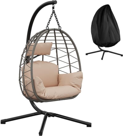 Jently hangstoel - eierstoel met standaard - hangende stoel - zweefzetel - met waterdichte kussens - binnen/buiten - beige