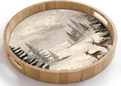 Dienblad rond 40x40 cm - Schootdienblad hout - Bos - Herten - Winter - Sneeuw - Borrelplank rechthoek - Plateau houten dienbladen