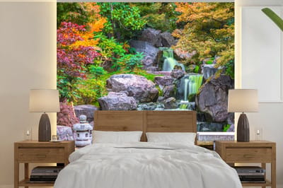 Behang - Fotobehang Stenen - Water - Bomen - Japans - Botanisch - Breedte 300 cm x hoogte 300 cm