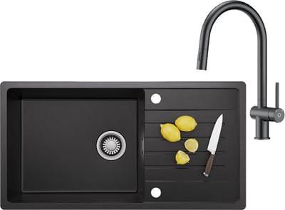 CECIPA MAX Granieten spoelbakken (86x45CM) - Spoelbak Keuken Met Keukenkraan Met Uittrekbare Uitloop- Wasbak Keuken Met Waterafvoersysteem en Afdruiprek - Zwart