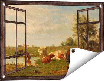Gards Tuinposter Doorkijk Koeien in de Weide - Gerard Bilders - 60x40 cm - Tuindoek - Tuindecoratie - Wanddecoratie buiten - Tuinschilderij