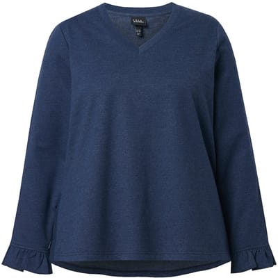 Ulla Popken - Dames - Sweatshirt lange zijsplitten V-hals lange mouwen - Inktblauw - Maat 42+