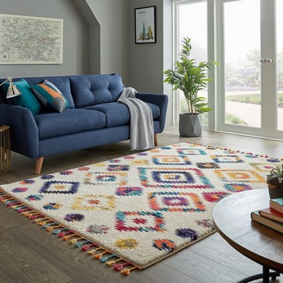 Flycarpets Kleurrijk Vloerkleed - Bohemia - Laagpolig - Franjes - Creme - 200x290 cm