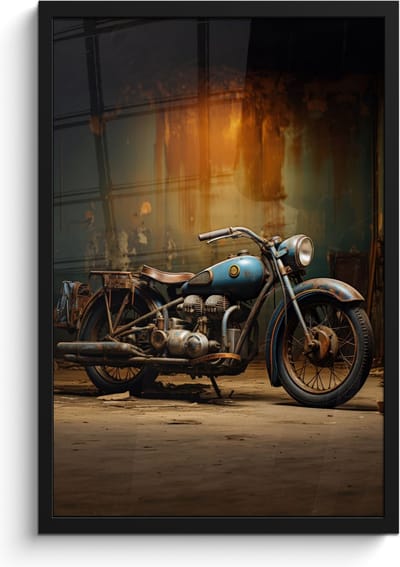 Poster in lijst - Fotolijst 40x60 cm - Posters - Vintage - Motor - Blauw - Oud - Garage - Posterlijst zwart - Decoratie - Wanddecoratie woonkamer - Muurdecoratie slaapkamer