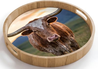 Dienblad rond 40x40 cm - Schootdienblad hout - Longhorn - Landschap - Zonsondergang - Borrelplank rechthoek - Plateau houten dienbladen