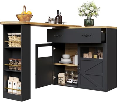 Uitschuifbare Bartafel (138-204x39x104 cm) - 360° Draaibare Zwarte Bar - Beweegbaar Keuken Eiland met Opbergplanken (Zonder Glas)