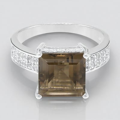 Cavill - Zilveren ring - 925 Sterling Zilver met 2,81 ct Braziliaanse rookkwarts en 0,302 ct witte topaas - Elegant carré design - Maat 17