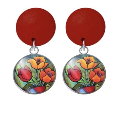 Clip oorbellen- Tulp- Rood- Hout- lang- Geen gaatje- Charme Bijoux