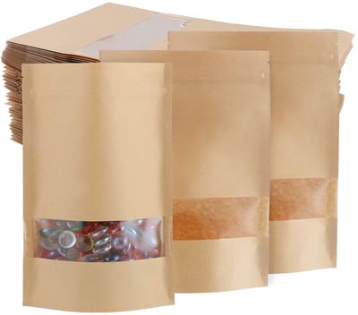Dailygoods- Voedselzakken 60 Stuks - Kraftpapier Opstaande Zak - Herbruikbare Ritssluitingszakken - Waterdicht - Sterk/Duurzaam - Geschikt voor Snacks - Opbergzakken