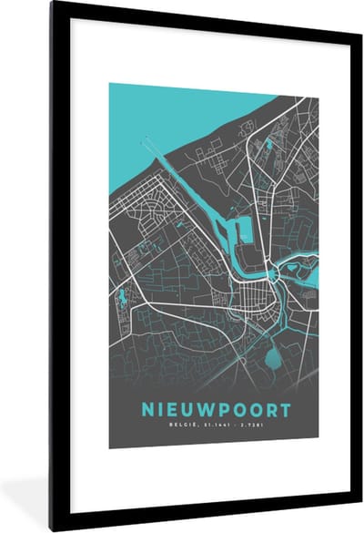 Fotolijst incl. Poster - België – Nieuwpoort – Stadskaart – Kaart – Blauw – Plattegrond - 60x90 cm - Posterlijst