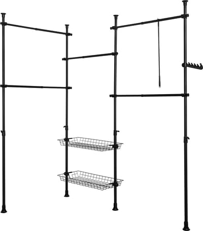 Mara Kledingrek - Klerenrailsysteem - Opbergsysteem - Telescopisch - 2 Manden - 5 Kledingstangen - Zwart - Staal - B (209-305) x H (200-270) cm