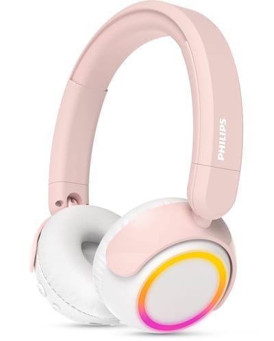 PHILIPS TAK4200PK On Ear draadloze opvouwbare hoofdtelefoon voor kinderen - 45 uur afspeeltijd, beperkt volume, Audio delen, laadkabel meegeleverd - Ambiant verlichting - Licht Roze / Wit