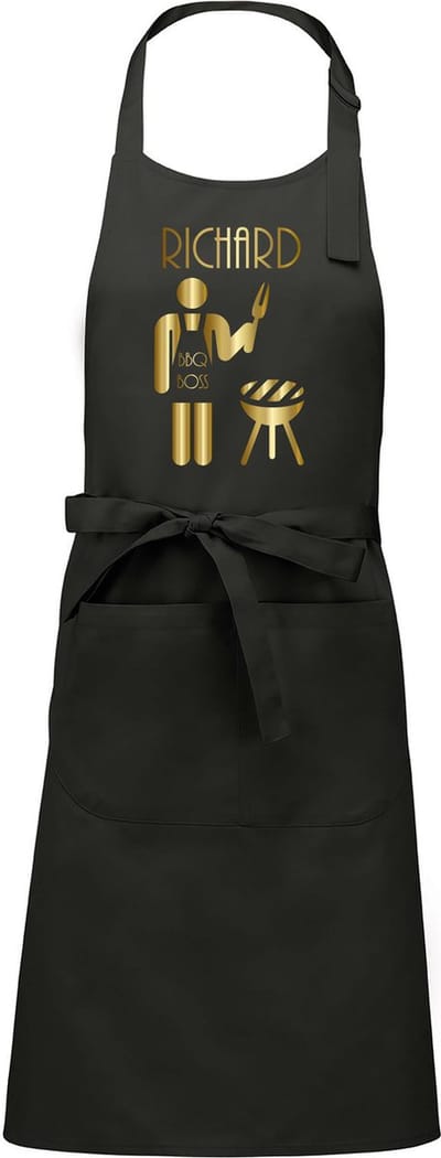 Naam cadeau - Barbecueschort - BBQ Boss - chique grijs - opdruk goud -  cadeau Vaderdag - trouwdag - verjaardag - jubileum -