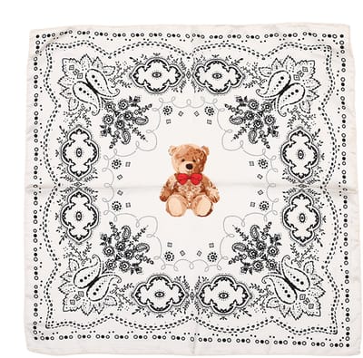 Vierkant Sjaaltje met Traditioneel Bandanamotief en Pluche Beer-Accent (70x70cm) - Wit