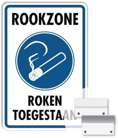 Bord Rookzone - Roken toegestaan - Weerbestendig Aluminium - 40x60 cm - Bevestiging: Met muur-/ wandmontage beugels
