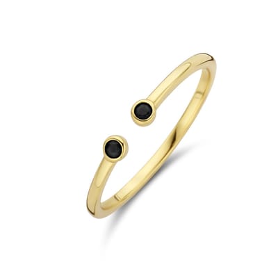 New Bling 9NB-0748-50 Zilveren Ring - Dames - Open - Twee Steentjes - Zirkonia - Zwart - 2,6 mm Doorsnee - Maat 50 - Zilver - Gold plated (Verguld/Goud op Zilver)