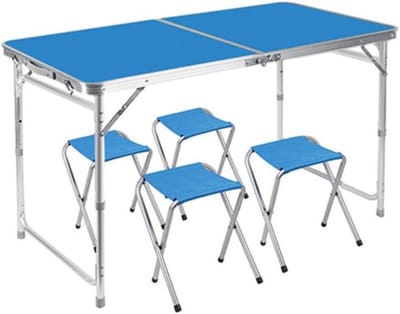 Kampeertafel met Stoelen - Picknicktafel Vouwbaar - Buiten Eten - Aluminium Lichtgewicht - 120x60x70cm - Blauw