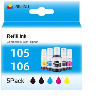 INKFIND 105 106 Ecotank inkt geschikt voor Epson 105/106 Epson105/106 Epson Ecotank 105/106 Epson105 Epson 105 Epson106 Epson 106 EcoTank 5-kleuren multipack voor Epson EcoTank ET-7700 Epson EcoTank ET-7750 Epson EcoTank ET-7160 Epson EcoTank ET-7180