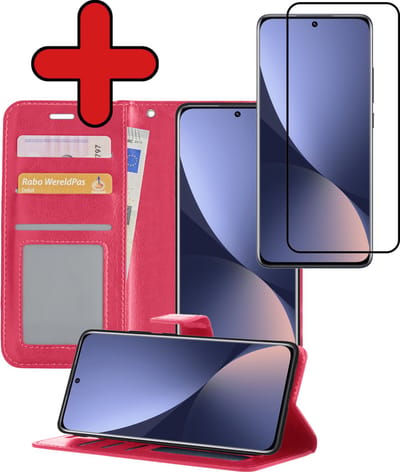 Hoesje - Met Screenprotector - Geschikt voor Xiaomi 12X - Luxe Pasjeshouder - Flipcase - Bookcase Portemonee - Flip Case - Kunstleer Book Case - Book Cover - Walletcase - Portemonneehoes - Telefoonhoes - Donkerroze