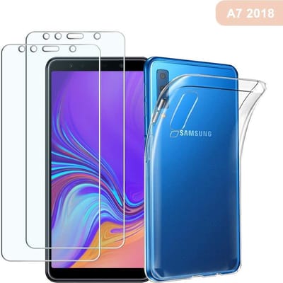 Silicone Soft Back Cover Hoesje Geschikt voor: Samsung Galaxy A7 2018 - Transparant TPU Siliconen Case & 2X Tempered Glas Combi - Transparant