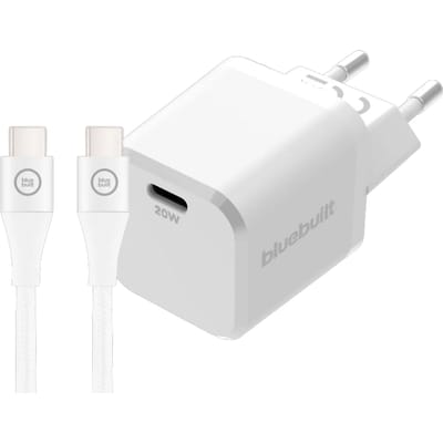 BlueBuilt Power Delivery Oplader 20W + Usb C Kabel 3m Nylon Wit