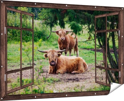 Gards Tuinposter Doorkijk Twee Schotse Hooglanders in de Bossen - 180x120 cm - Tuindoek - Tuindecoratie - Wanddecoratie buiten - Tuinschilderij