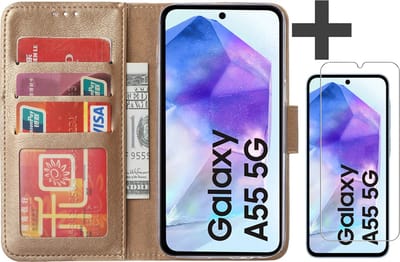 Hoesje met Screenprotector Geschikt voor Samsung Galaxy A55 – Arara bookcase met pasjeshouder - Goud