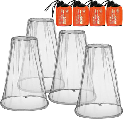 Pack van 4 Hoofdmuggennetten voor Bescherming tegen Insecten, Ideaal voor Wandelen, Kamperen en Buitenactiviteiten (Groot, Grijs)
