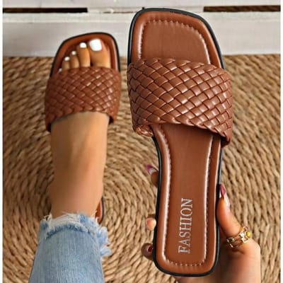Dames Pantoffels Zomer Verkoop Sexy Gevlochten Rode Vierkante Neus Platte Slippers Strand Mules Casual Binnen Huis Pantoffels 43 brown