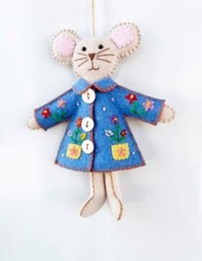 vilt Muis met blauwe jas, vilt 13x2x16cm