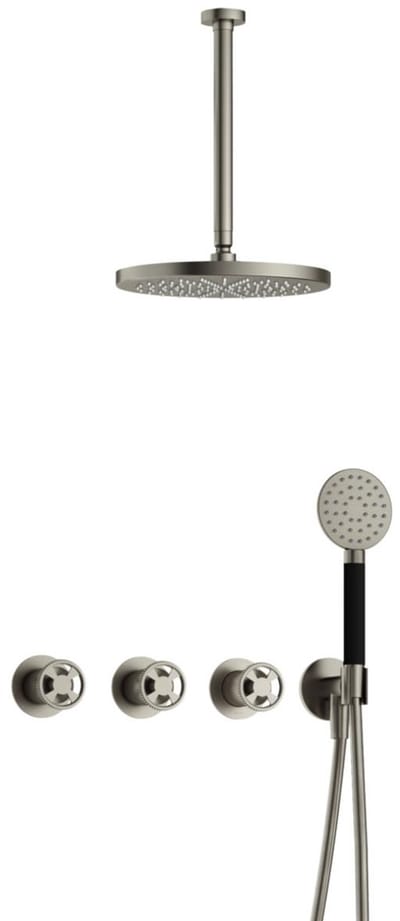 Hotbath Cobber @Work IBSW70 inbouw regendoucheset met ronde handdouche aan houder en 30cm ronde hoofddouche aan 30cm plafondarm geborsteld nikkel