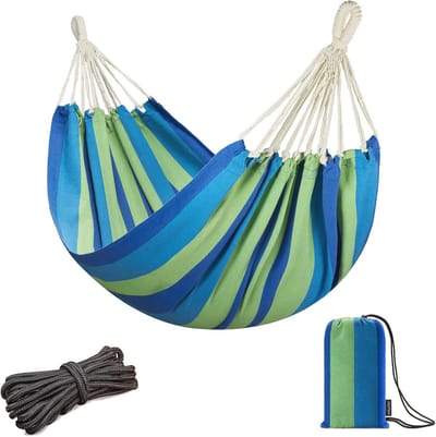 Hammock voor Één Persoon - Draagbaar met Hangtouwen en Draagtas, 78.8 x 39.4 inch Grote Katoenen Hangmat voor Tuin en Binnen - 300lbs Capaciteit - Blauwe Strepen