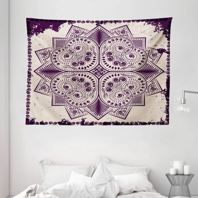 ABAKUHAUS Paars Mandala Wandtapijt en Sprei, Sneeuwvlokvorm, 230 x 140 cm, Donkerpaars en Grijswit