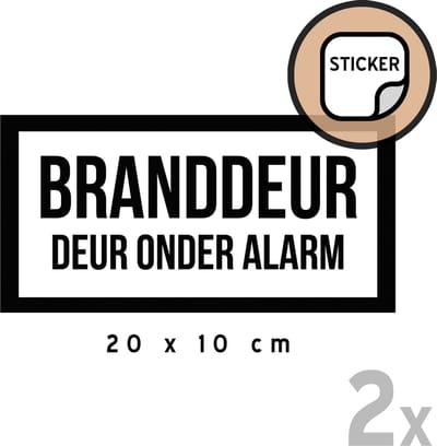 Pictogram/ stickers (2x) | "Branddeur - Deur onder alarm" | 20 x 10 cm | Nooduitgang | Niet openen | Brand | Winkel | Openbaar gebouw | Brandweer | Zwart/ wit | 2 stuks