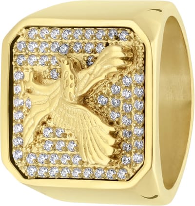 Lucardi Heren Gerecycled stalen goldplated zegelring adelaar met zirkonia - Ring - Staal - Goudkleurig - 18 / 57 mm