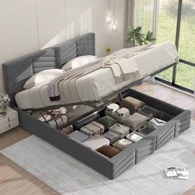 Gestoffeerd tweepersoonsbed met gestreept hoofdbord en opbergruimte - Slaap- en logeerkamer - 140x190 cm - Grijs - Verstelbaar hoofdbord - Hydraulisch opbergvak - Fluwelen bekleding - Tot 300 kg