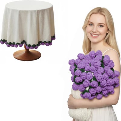 KZQ Rozenboeketdeken - Gehaakte boeketdeken - Boeketpatroon - 68 bloemen - Zachte deken - Gebreide boeketdeken - Perfect verjaardagscadeau, Valentijnsdagcadeau of woondecoratie - Handgemaakt - 110 cm - Paars