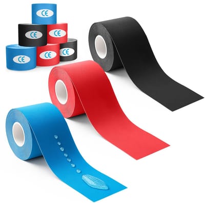 TTLUOKER®6-Pack Kinesiotape Elastisch - Professionele Sporttape 5cm x 5m (Blauw/Zwart/Rood) | Huidvriendelijk & Ademend | Voor Spierondersteuning en Blessures